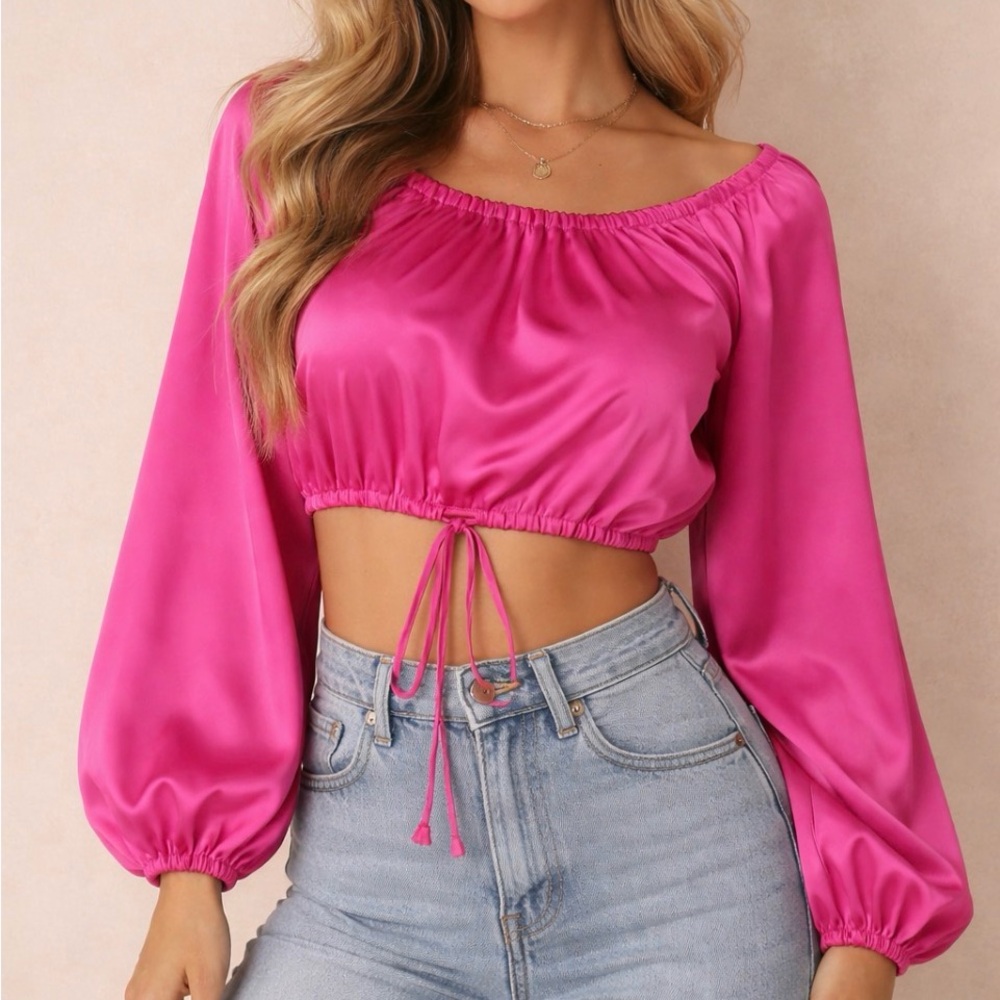 Rachel Zoe Pink Satin Crop Top Balloon Sleeves Size M NWOT